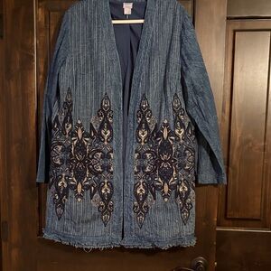 Blue denim Embroidered Open Front Jacket